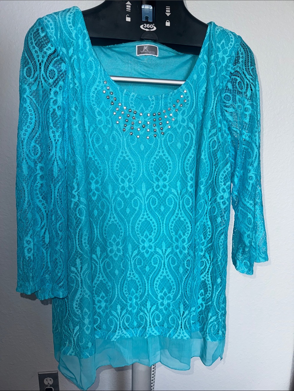 JM Collection Turquoise Lace Scoop-Neck Tunic with Stud Accents